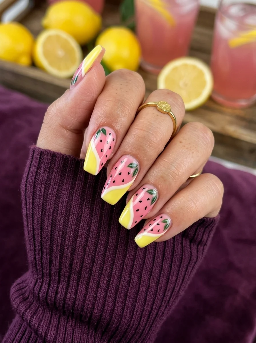 Coffin nails with pink strawberry-patterned body and bright yellow French tips.
