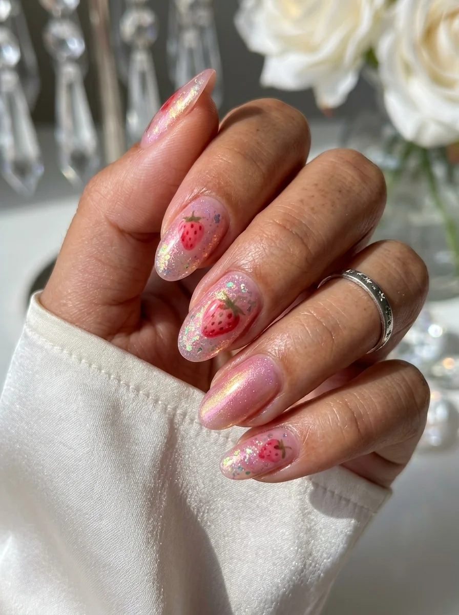 Almond nails with iridescent pink holographic glitter base and hand-painted strawberry accent nails.