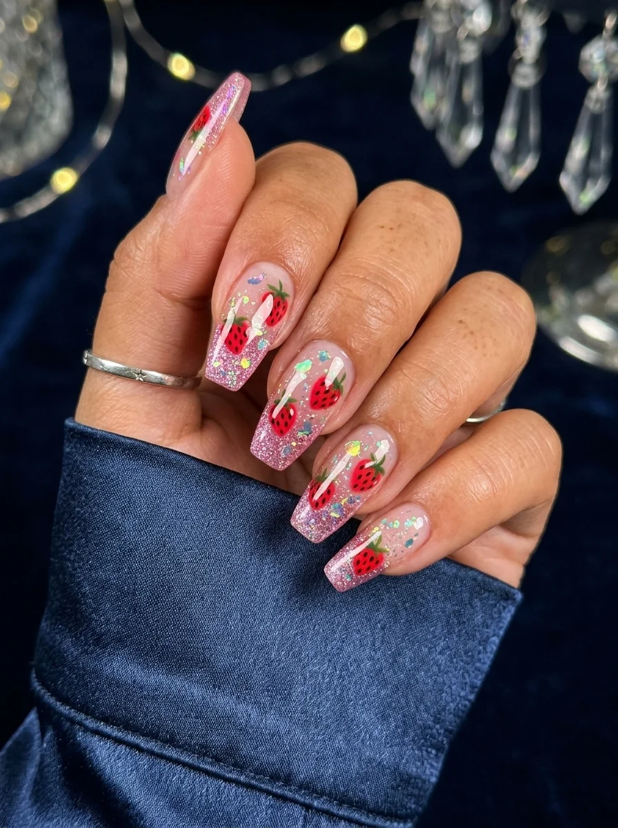 Coffin nails with dense pink glitter base and hand-painted strawberries scattered across all nails.