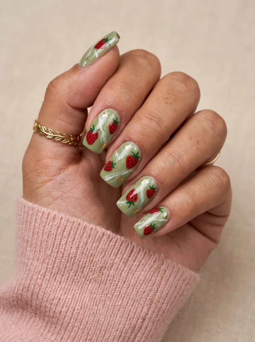 Square nails with sage green base, white marble veining, gold foil accents, and hand-painted strawberries.