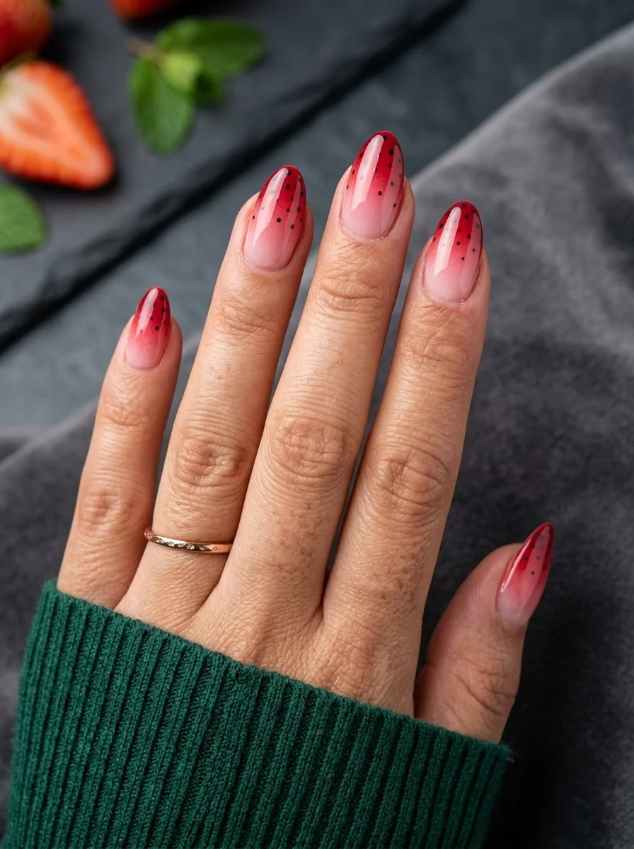 Almond nails with red-to-nude ombre gradient and scattered black polka dots.
