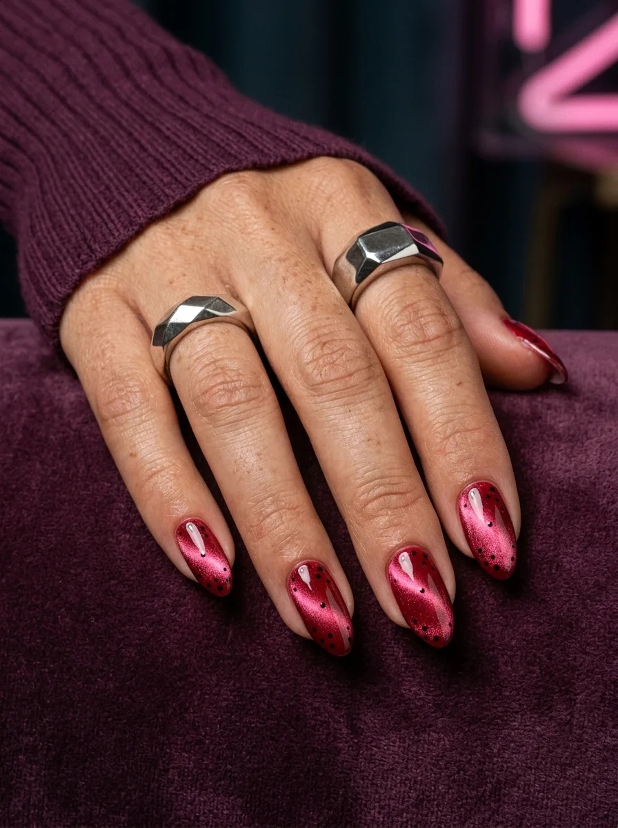 Almond nails with shimmering red cat-eye magnetic polish and scattered black polka dots.