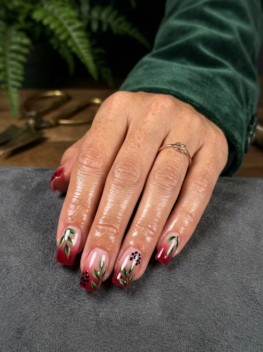 Square nails with nude-to-red ombre and hand-painted dark berry vines with green leaves.