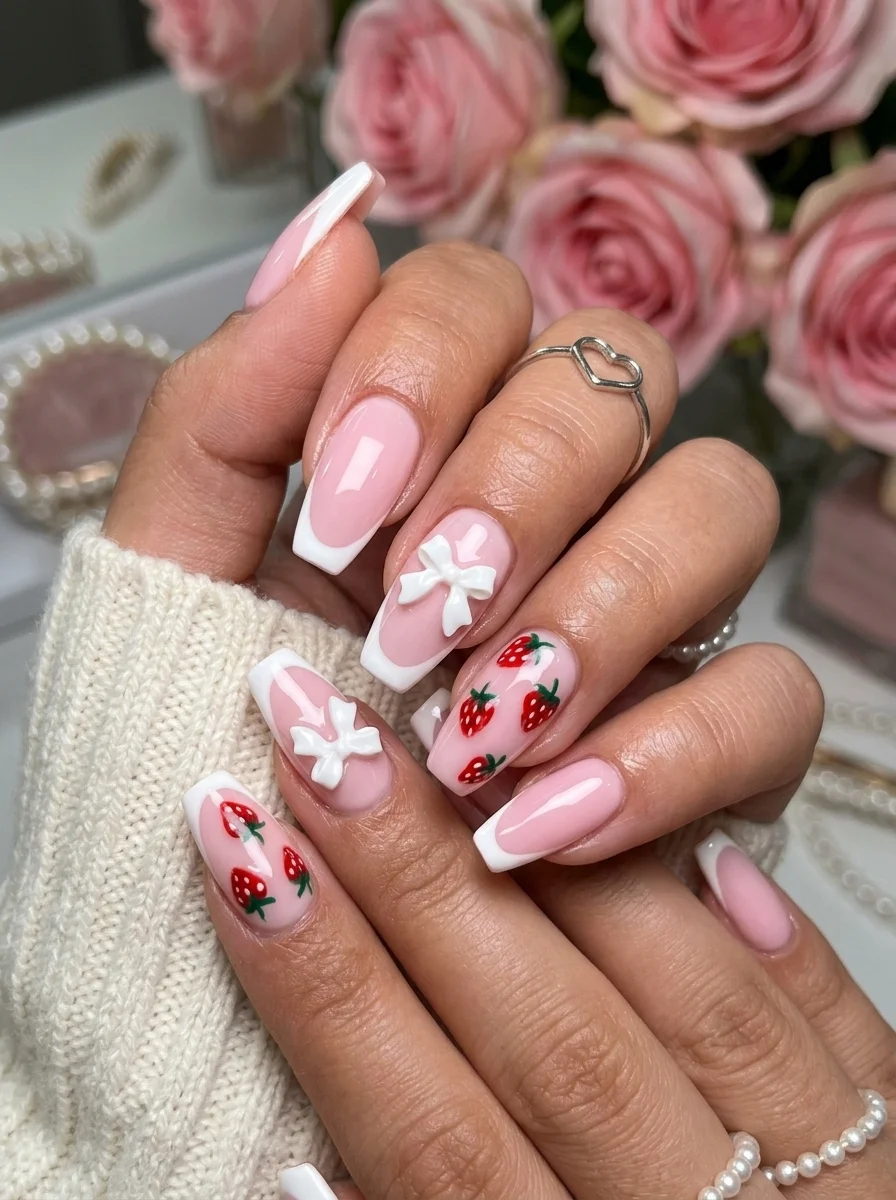 Coffin nails with pink French tips, 3D white bow charms, and hand-painted strawberries.