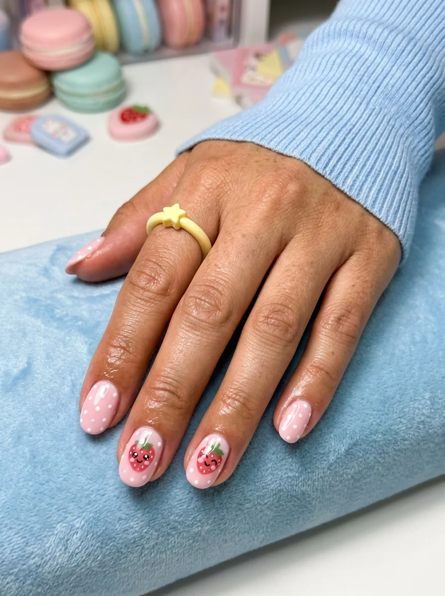 Almond nails with pink polka dot base and kawaii-style strawberries with cute faces.