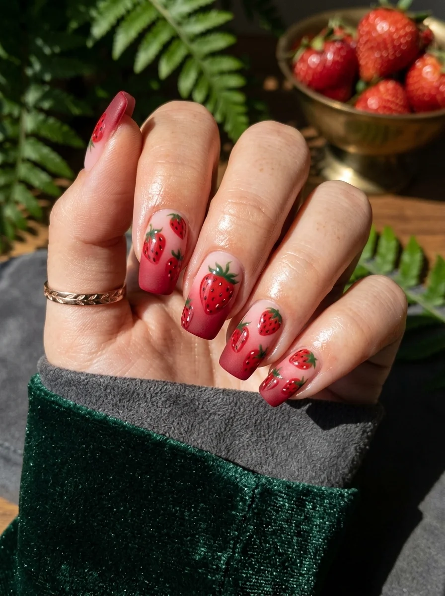 Coffin nails with deep pink-to-nude ombre and hand-painted strawberries across all nails.