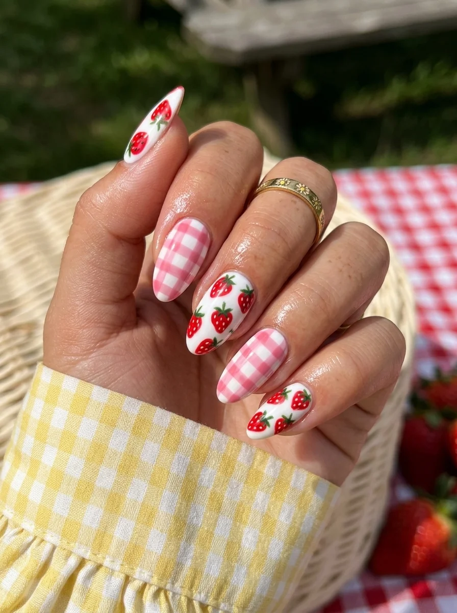 Almond nails alternating between pink gingham check pattern and white nails with painted strawberries.
