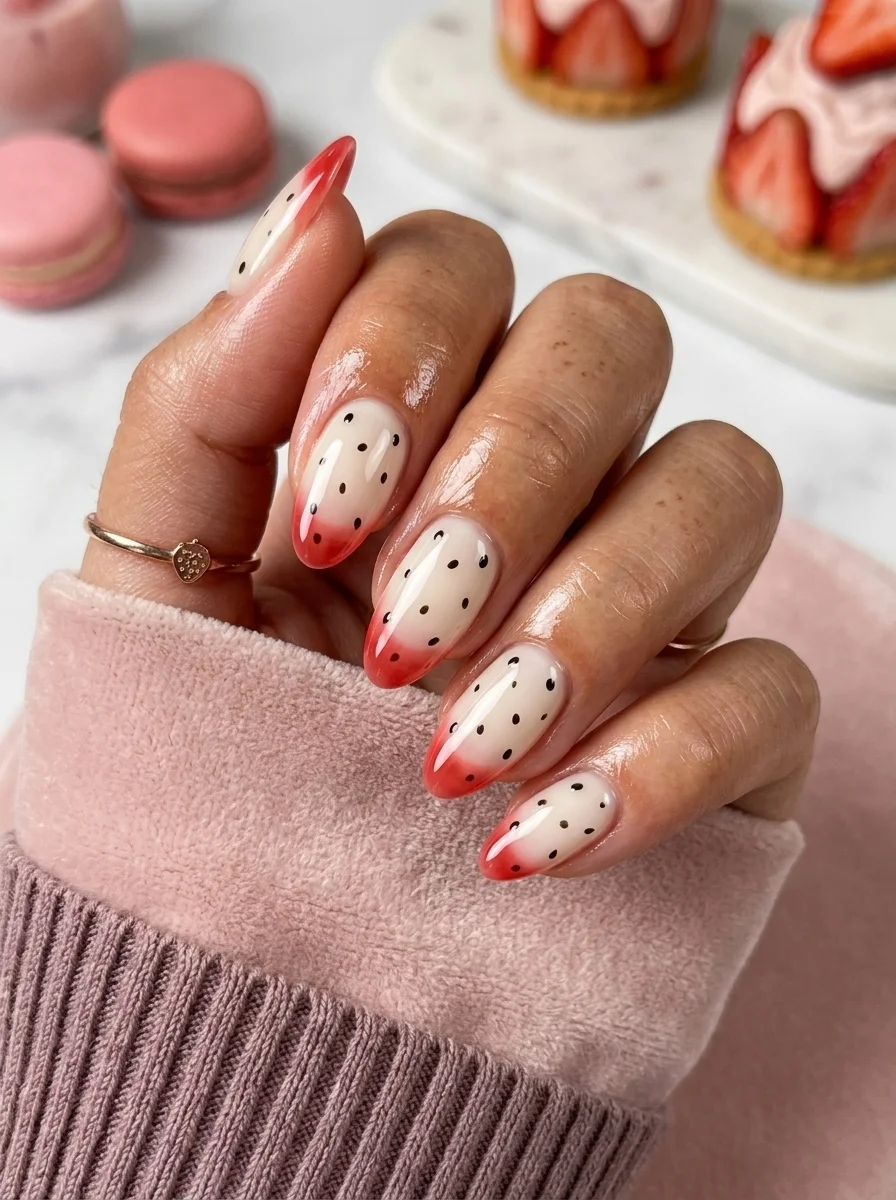 Almond nails with red tips fading to cream base and scattered black polka dots.