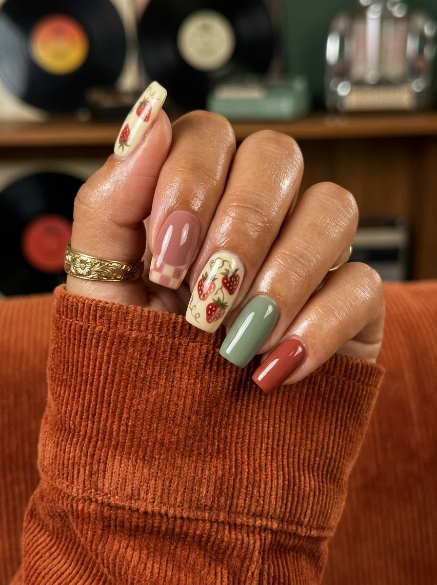 Square nails with mixed designs including cream nails with strawberries and gingham, dusty rose, sage green, and terracotta solids.
