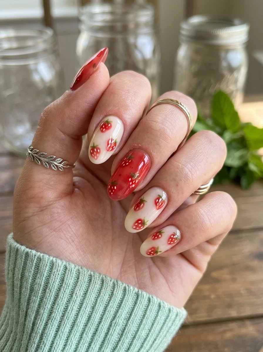 Almond nails with nude base, red French tips, and hand-painted strawberries scattered across the nails.