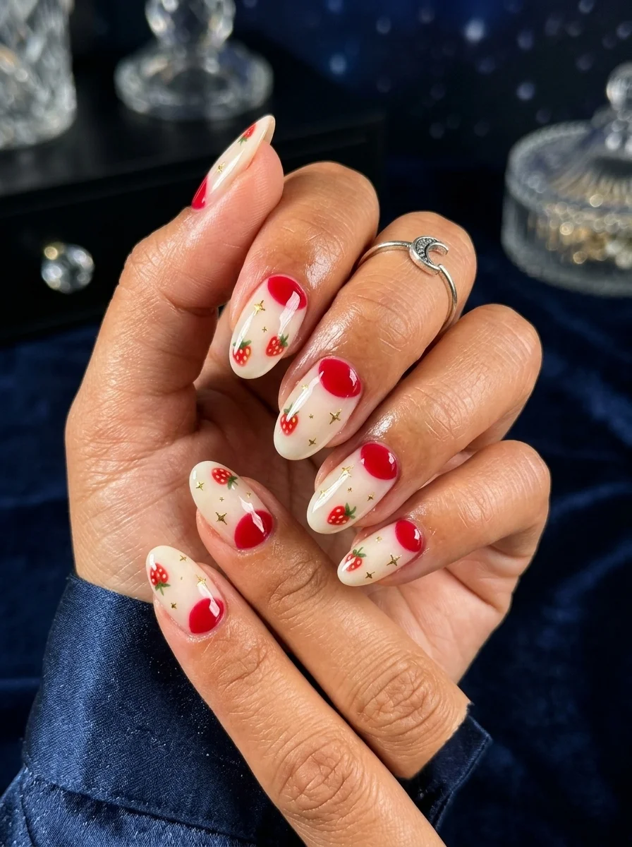 Almond nails with red half-moon designs at the cuticle, cream base, hand-painted strawberries, and gold stars.