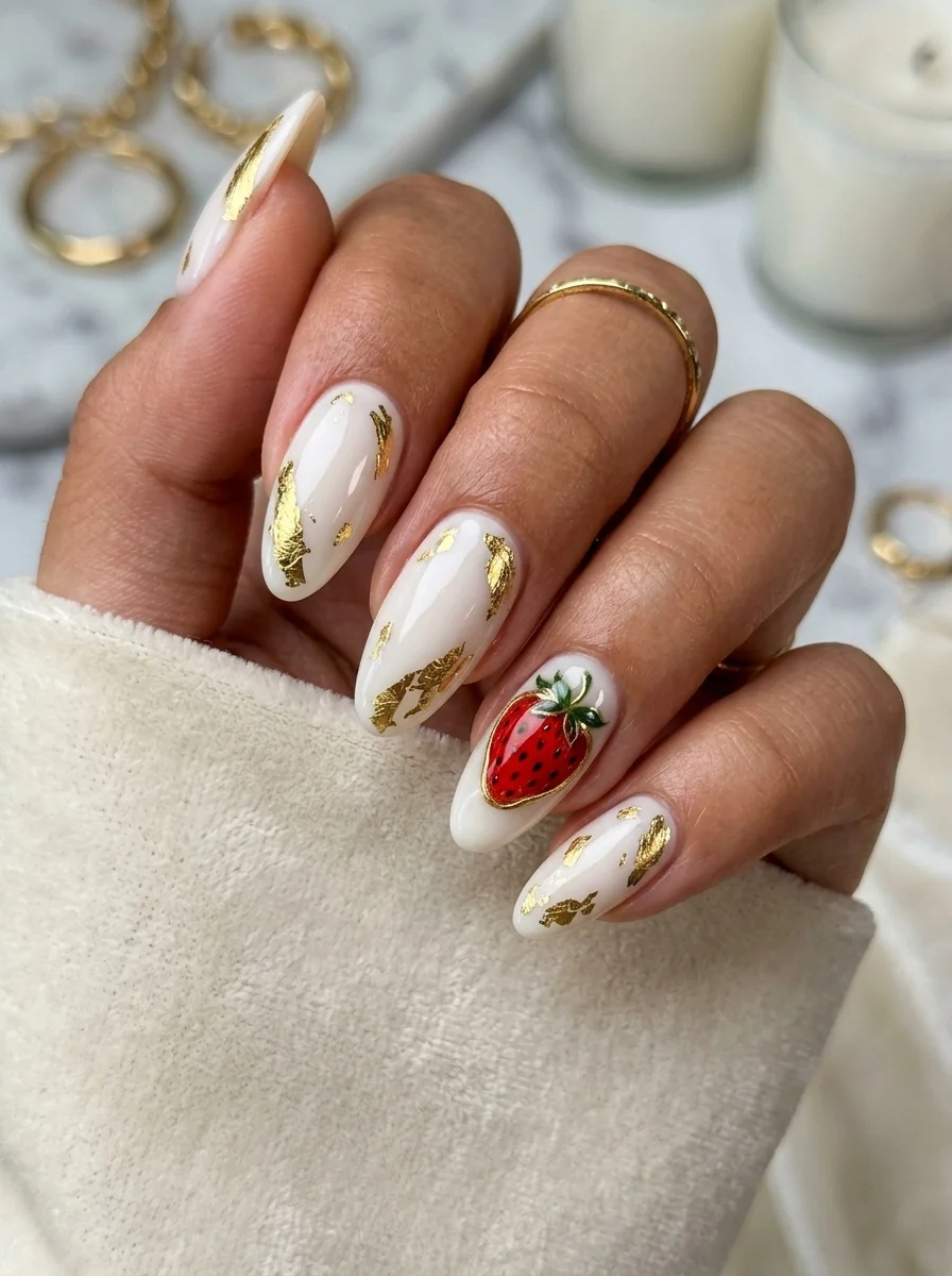 Almond nails with milky white base, gold foil flakes, and one accent nail with a detailed hand-painted strawberry.