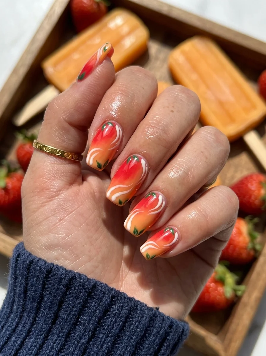 Coffin nails with abstract orange, red, and peach swirl pattern with white swirl lines and tiny green leaf accents.