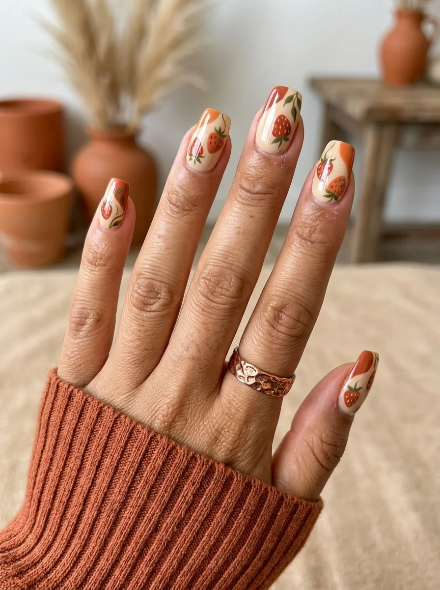 Square nails with cream base, hand-painted strawberries, and abstract terracotta orange accents.