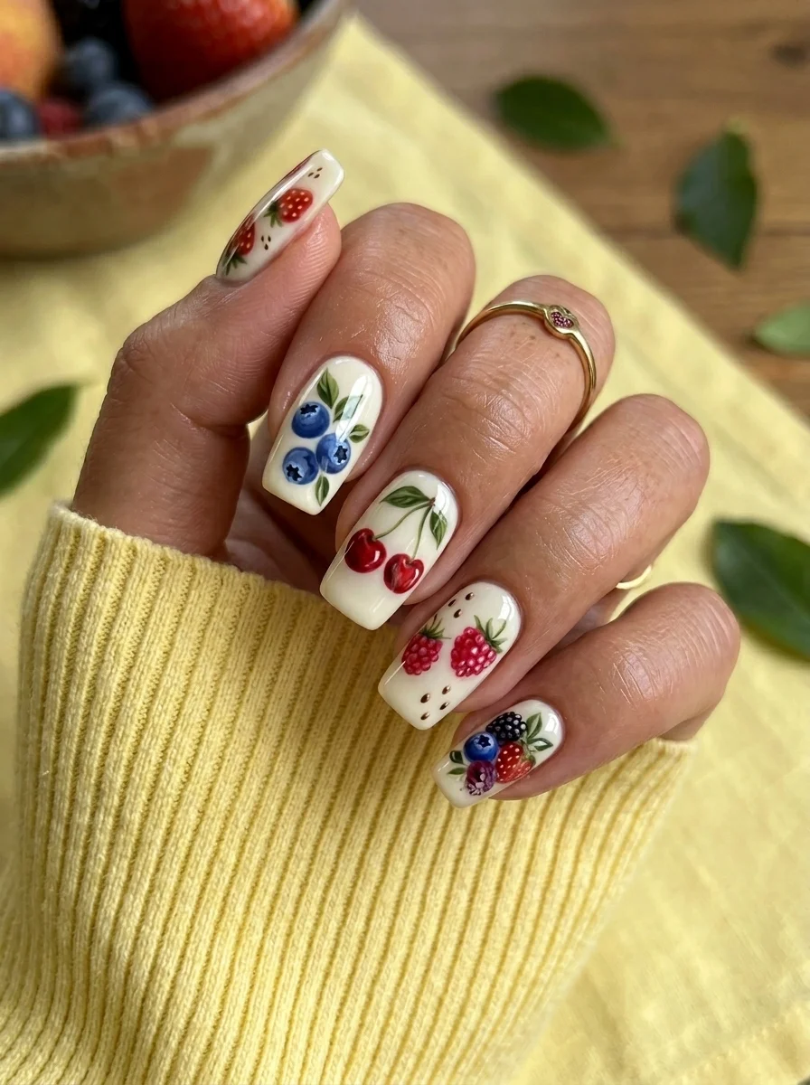 Square nails with white base featuring hand-painted blueberries, cherries, raspberries, and strawberries.