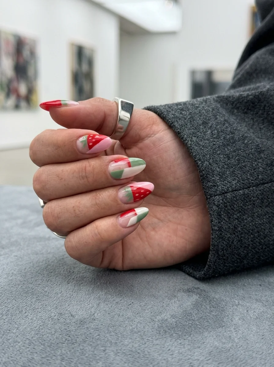Almond nails with abstract color-blocked design in red, sage green, white, and pink with strawberry patterns.