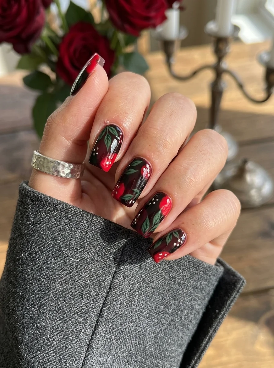 Square nails with glossy black base featuring hand-painted red berries and green leaves.