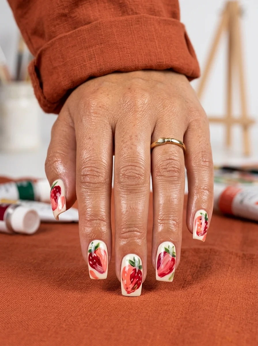 Square nails with cream base and abstract, painterly strawberry art in loose brushstrokes.
