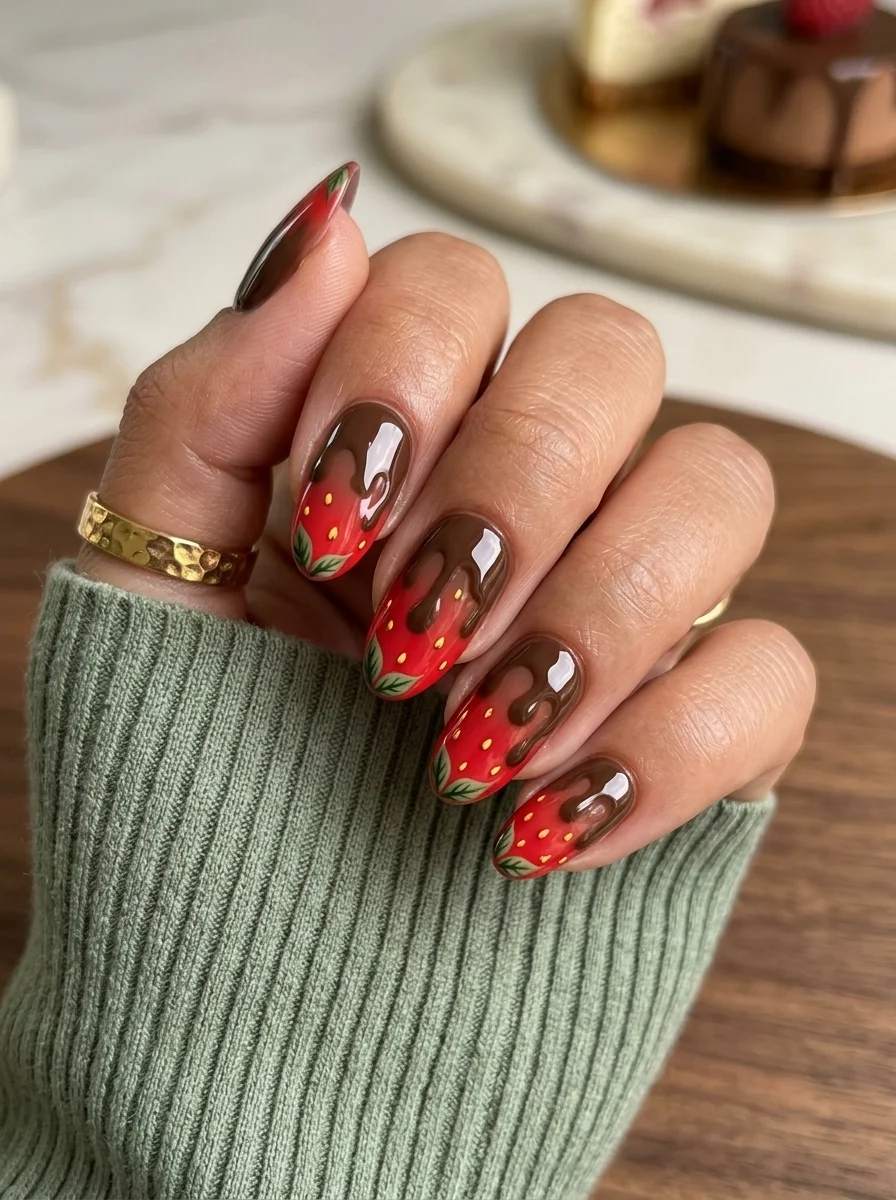 Almond nails with red strawberry base pattern and brown chocolate drip effect from the cuticle.