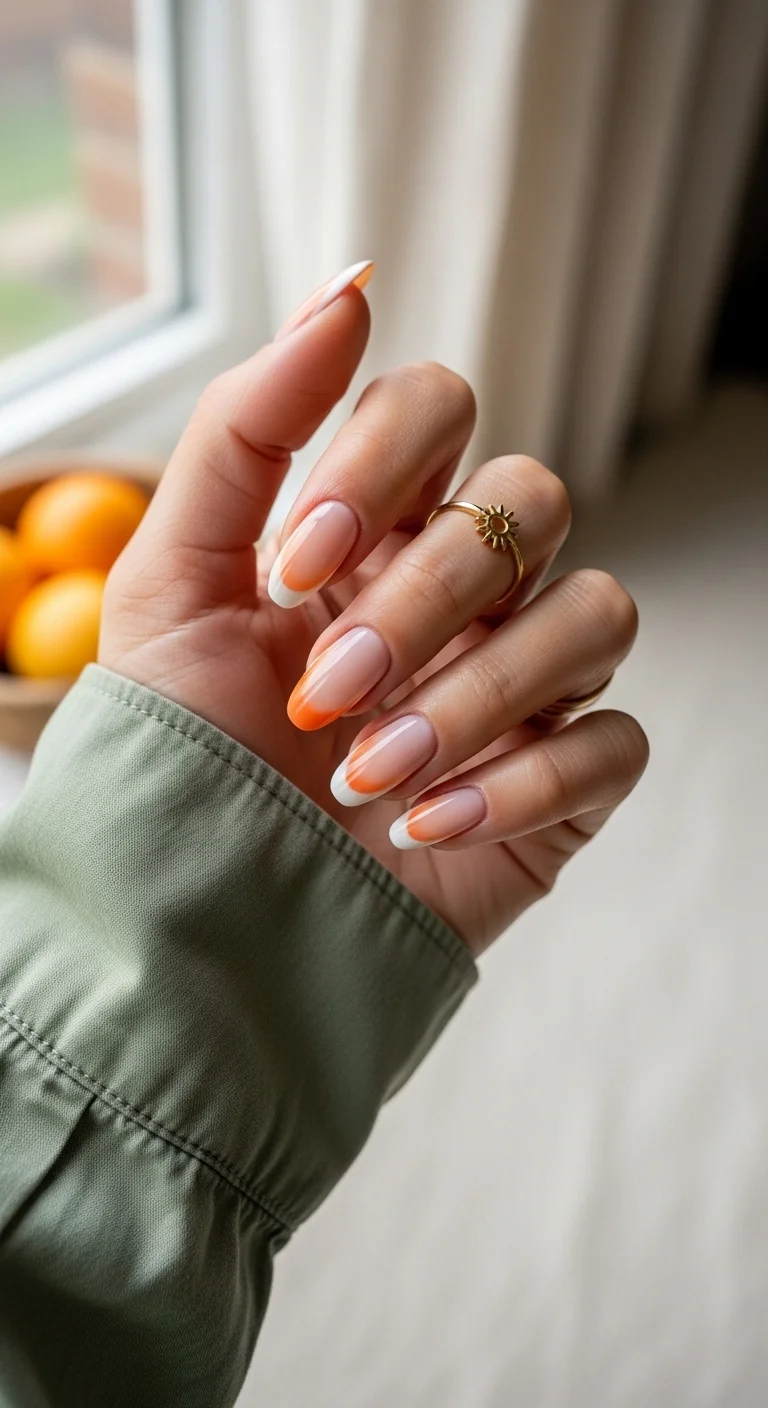 Orange and white layered French tip almond nails