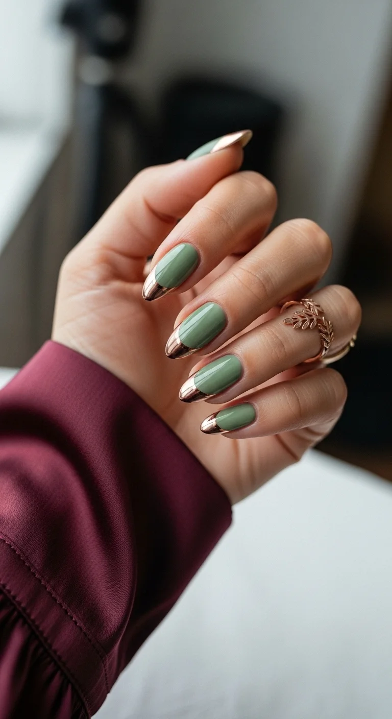 Sage green almond nails with copper metallic tips