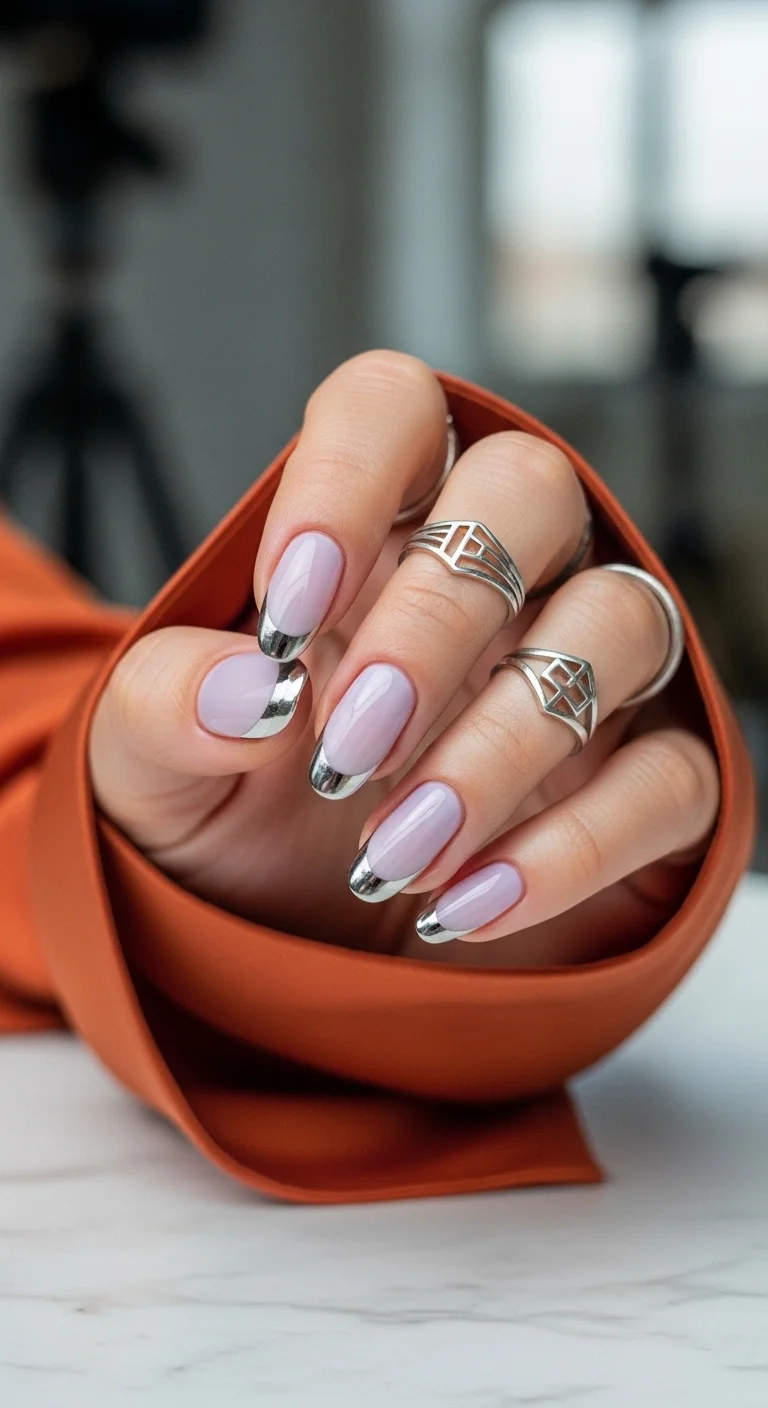 Pale lilac nails with silver chrome tips