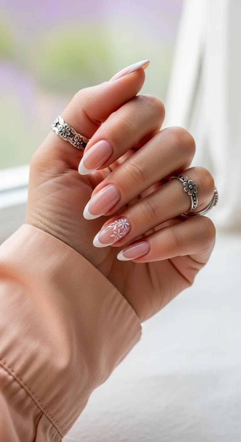 Classic French nails with white floral accent art