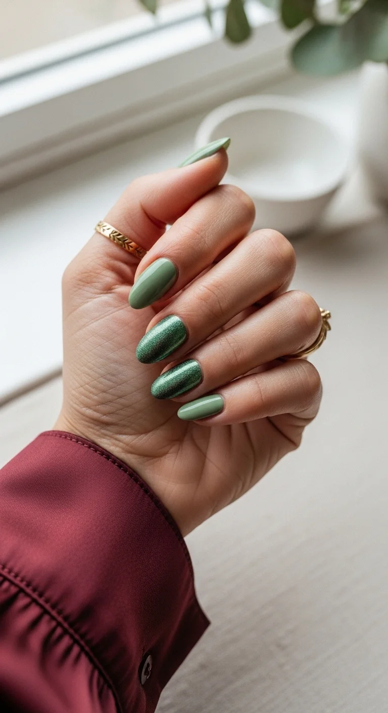 Sage green almond nails with glitter accent nails
