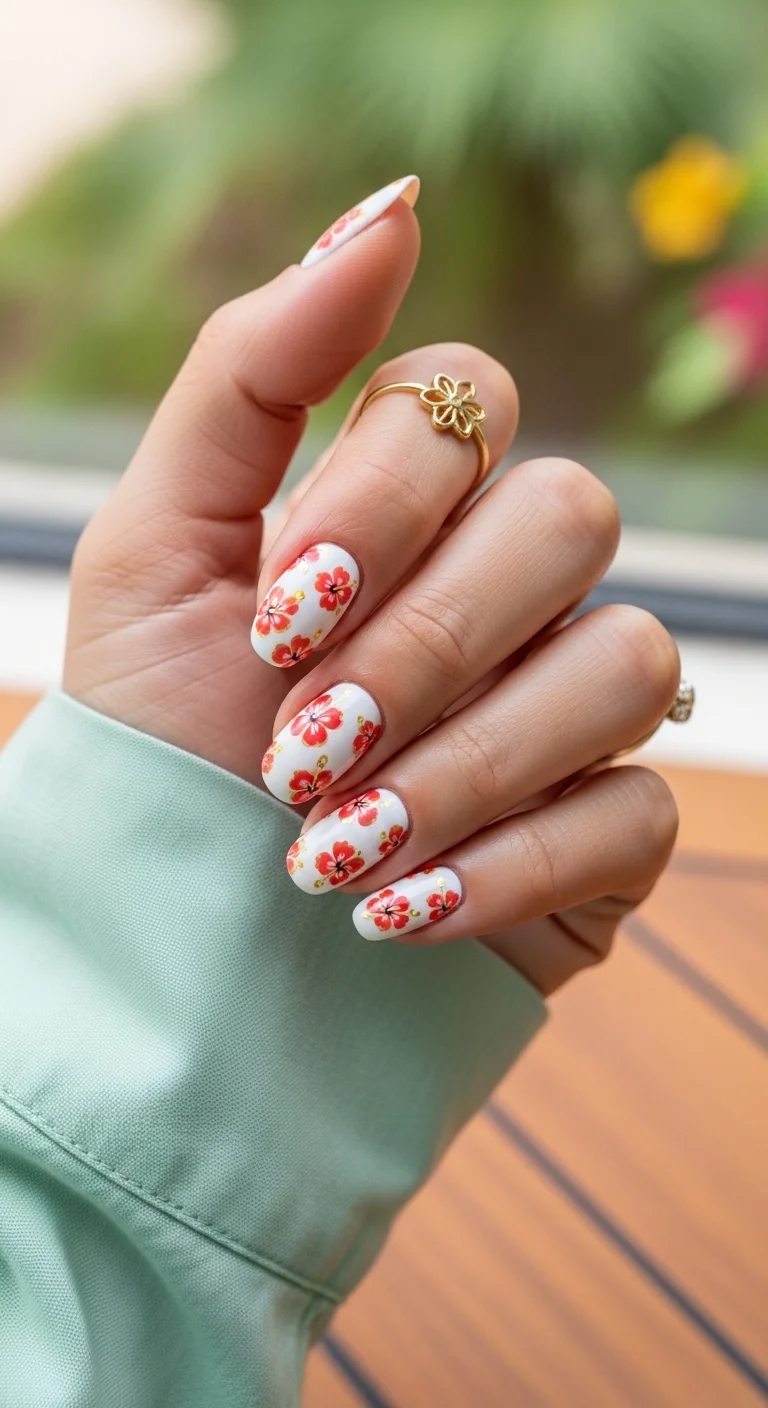 White nails with hand-painted red hibiscus flowers