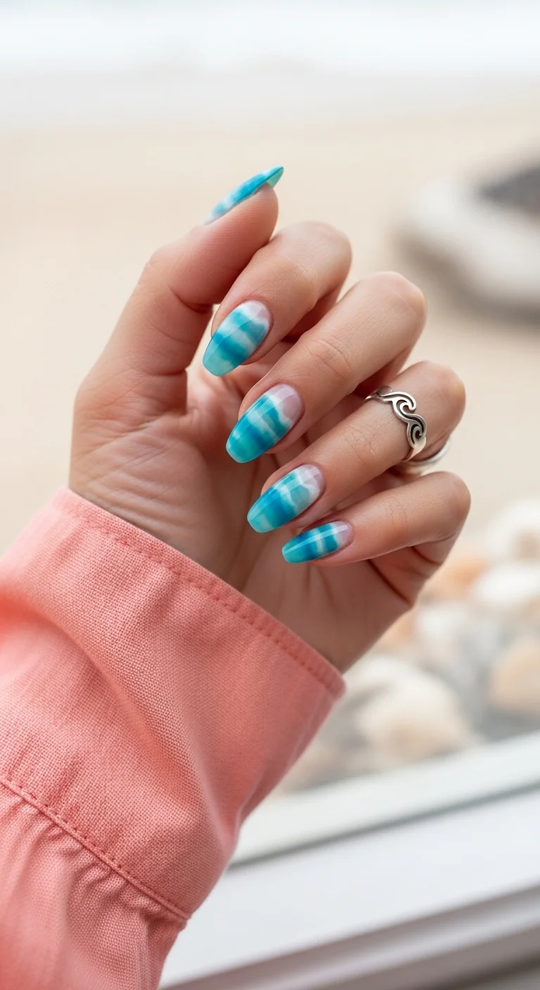 Blue and white watercolor tie-dye almond nails