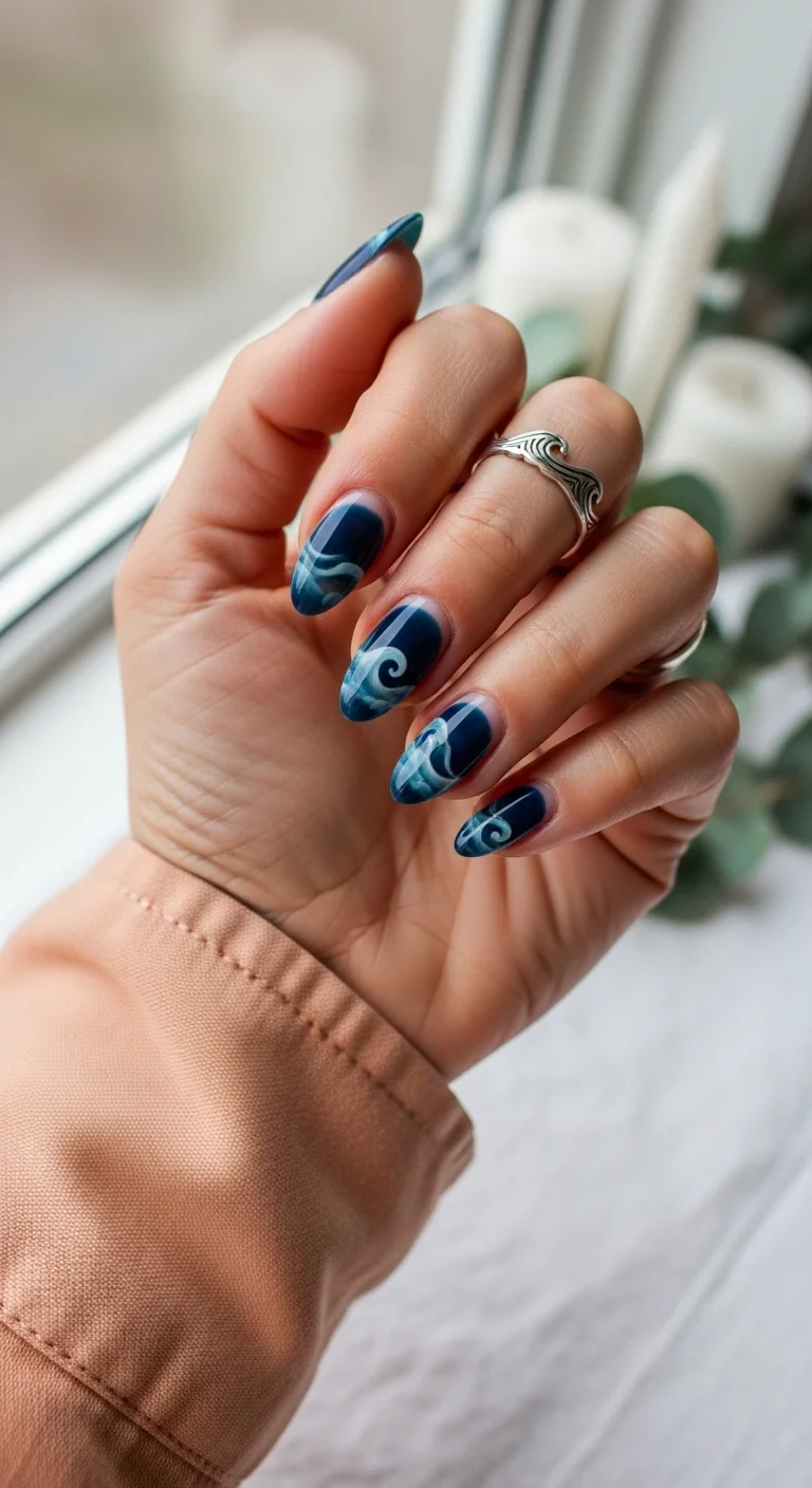 Navy blue nails with white ocean wave art