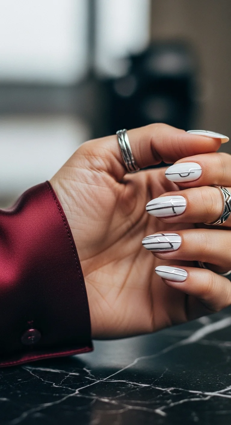 White nails with silver metallic geometric lines