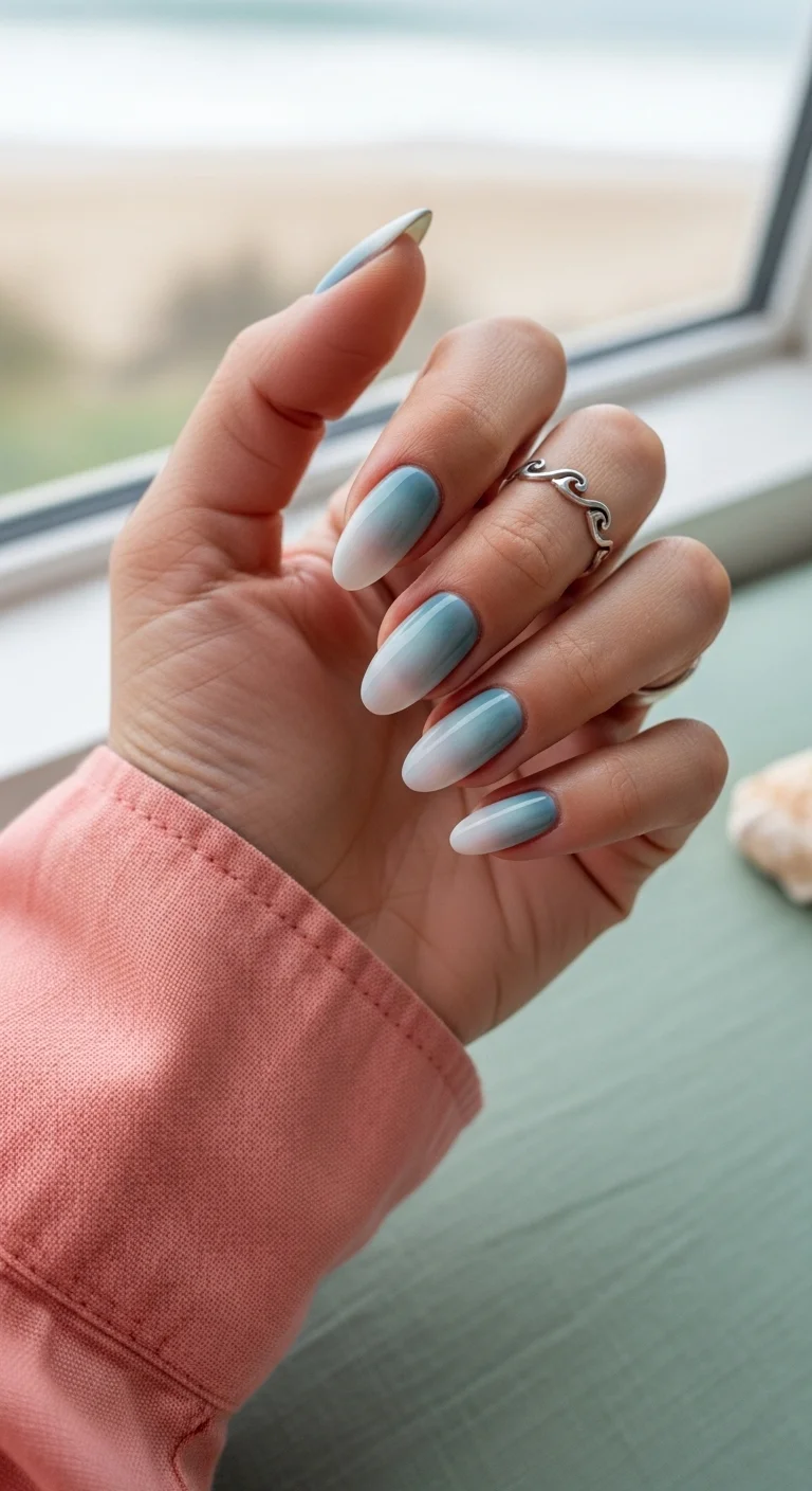 Blue to white ombre almond nails