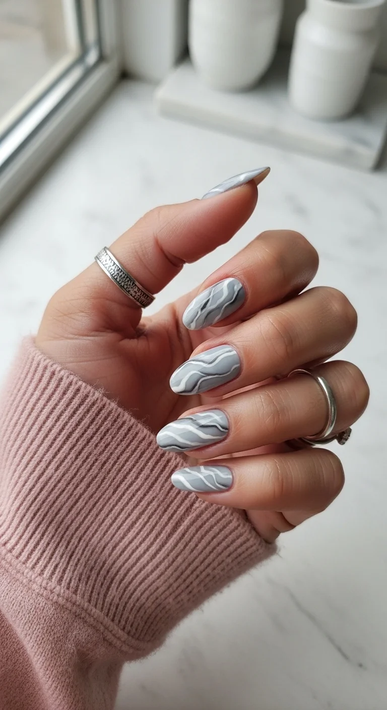 Grey and white marble wavy nails