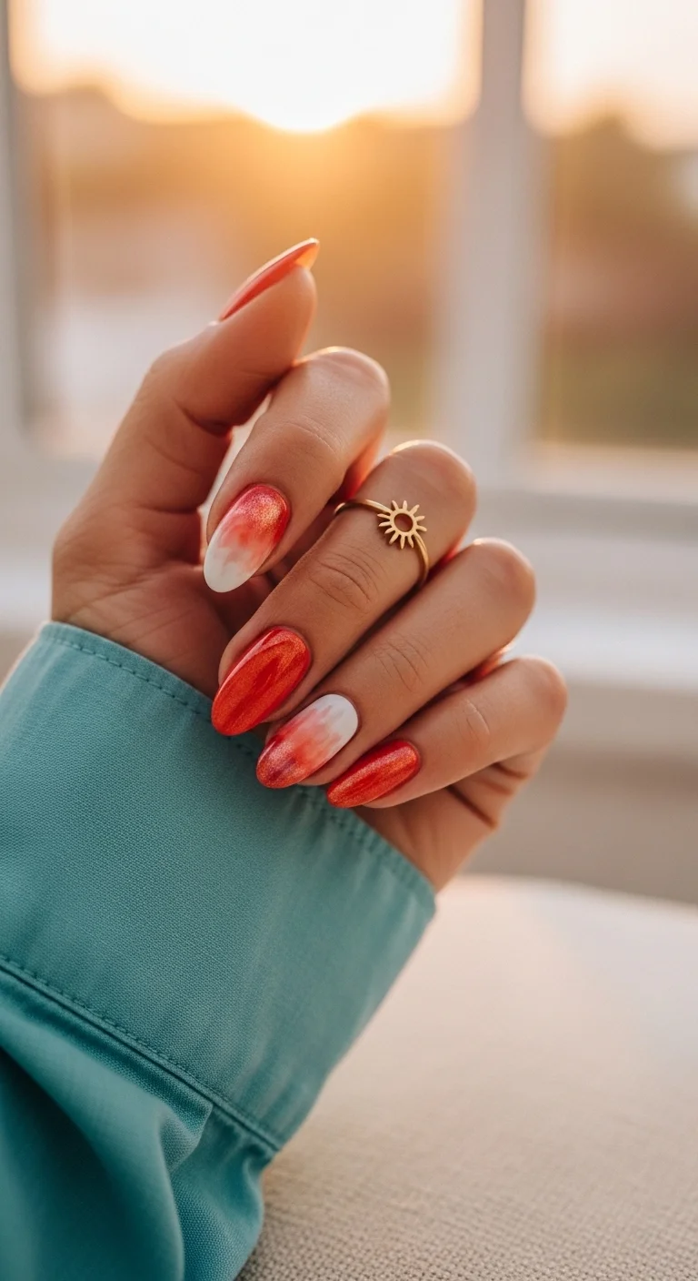 Sparkling red and orange ombre almond nails