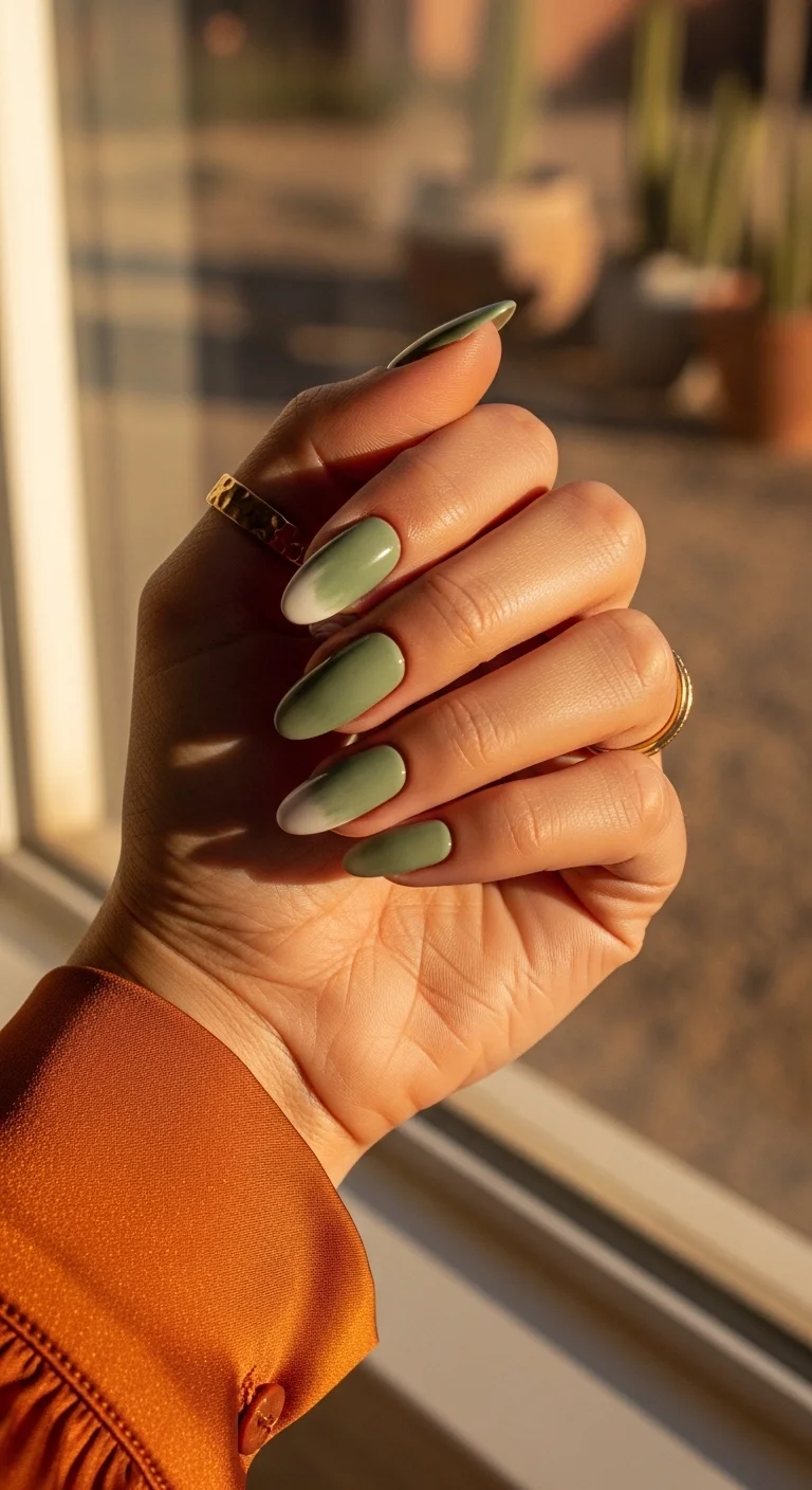 Olive green and white soft ombre almond nails