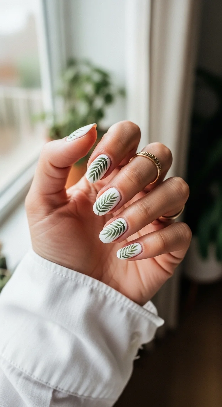 White nails with green palm leaf stamps