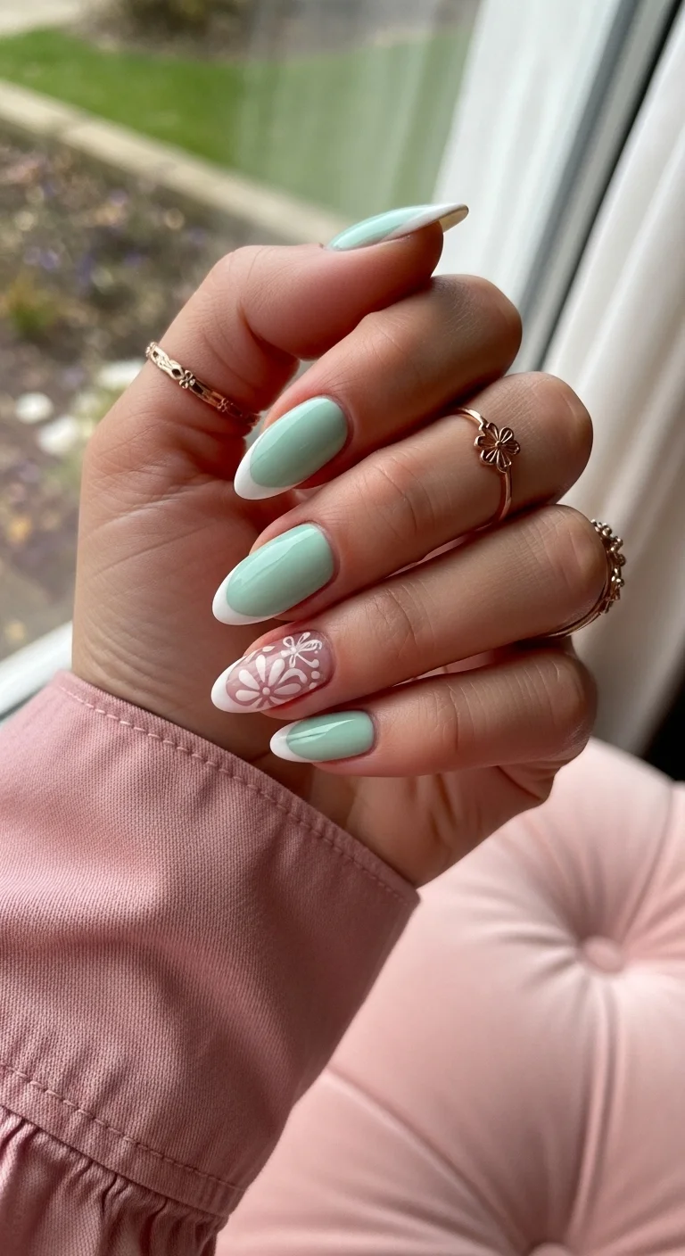 Mint green French nails with white floral accent art