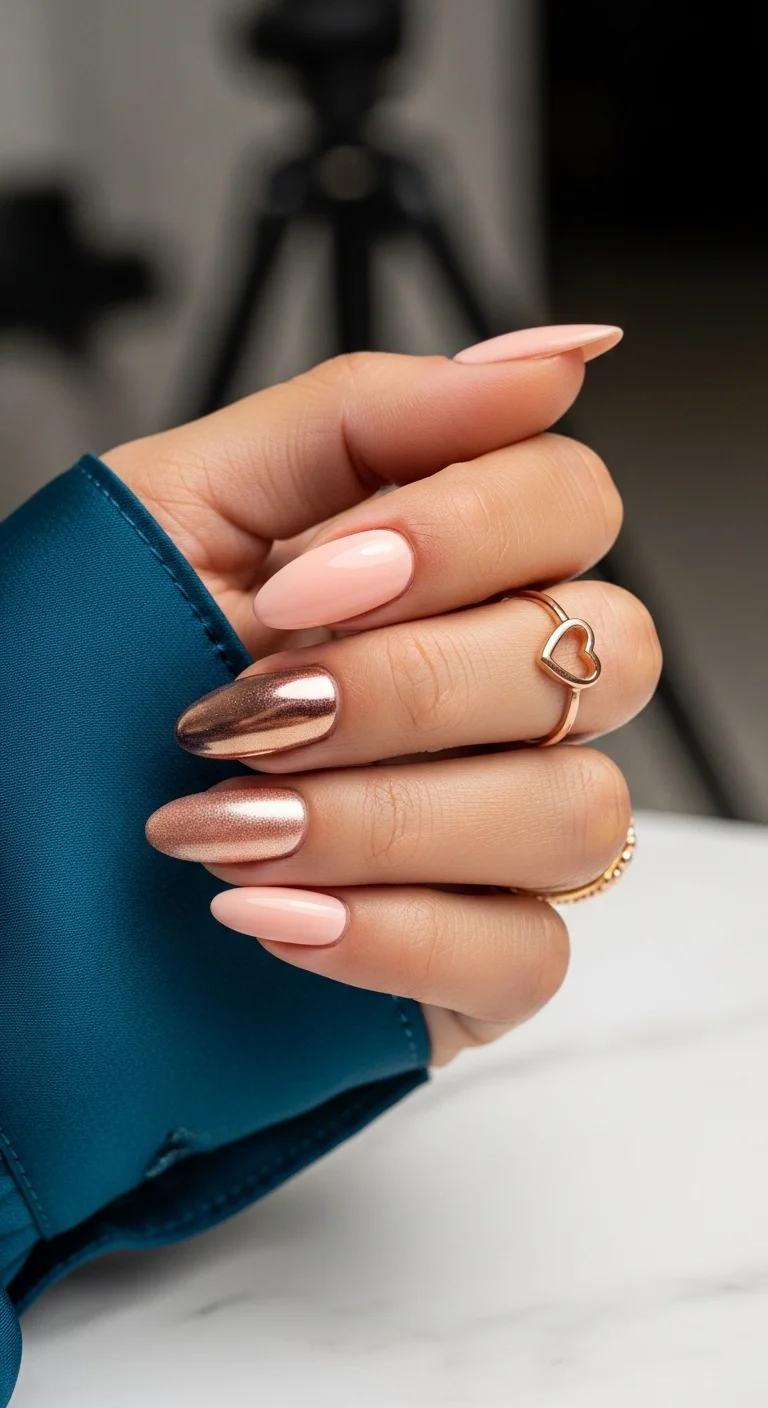Peach and rose gold metallic almond nails