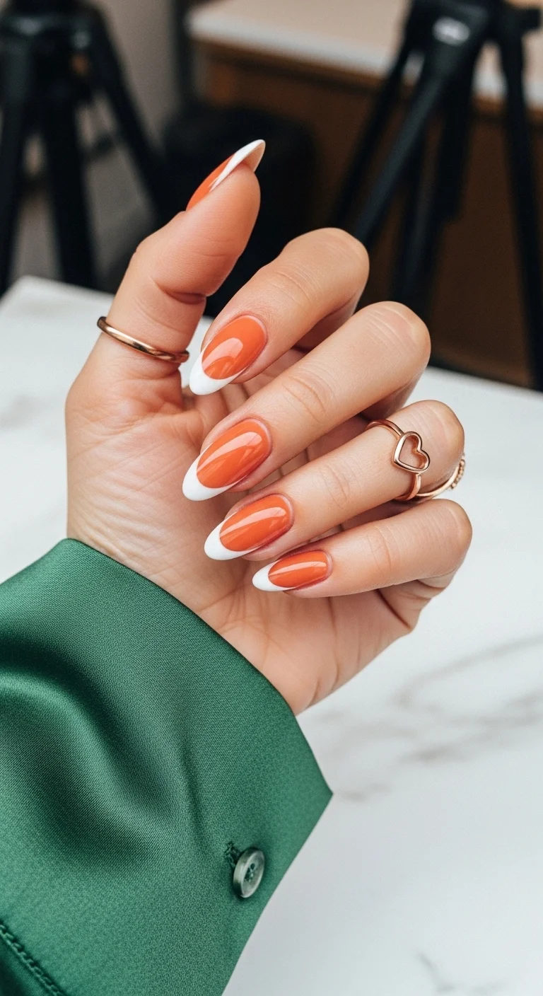 Bright orange and white French almond nails