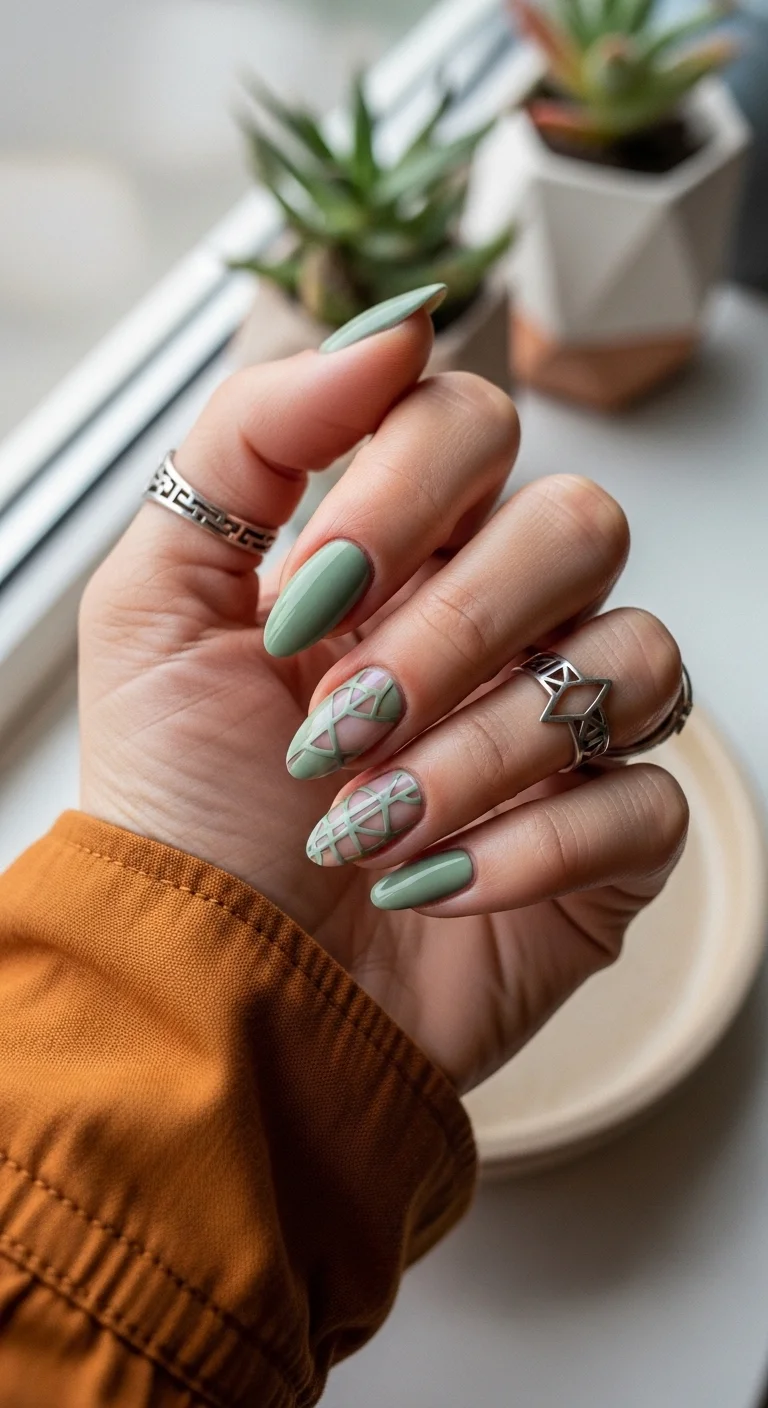 Sage green almond nails with negative space grid art