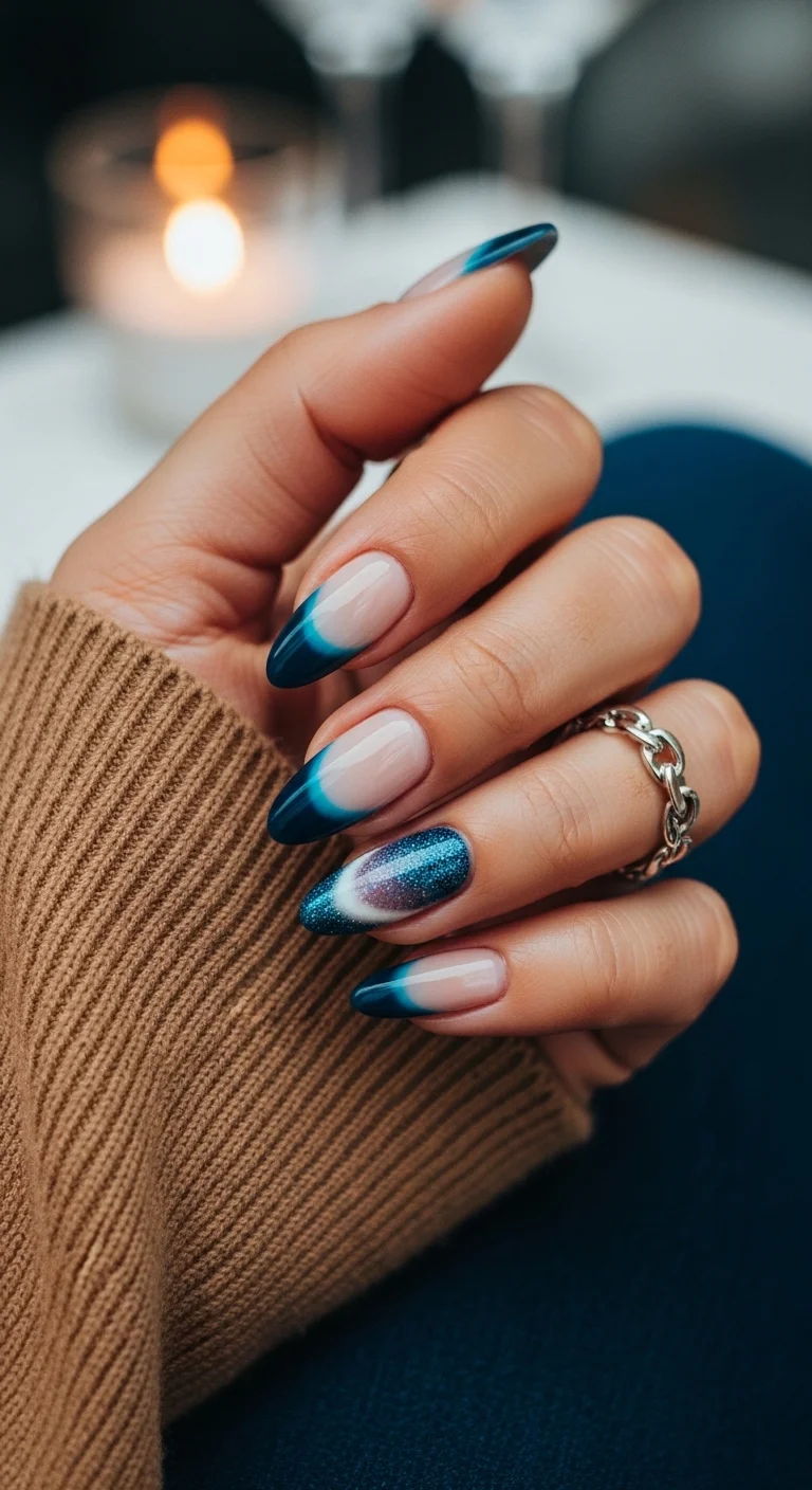 Teal French nails with a glittery galaxy accent nail