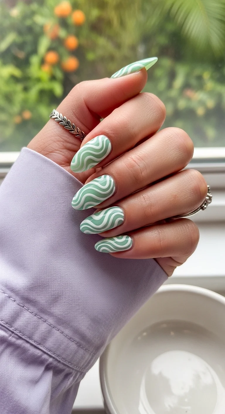Mint green and white wavy swirl almond nails