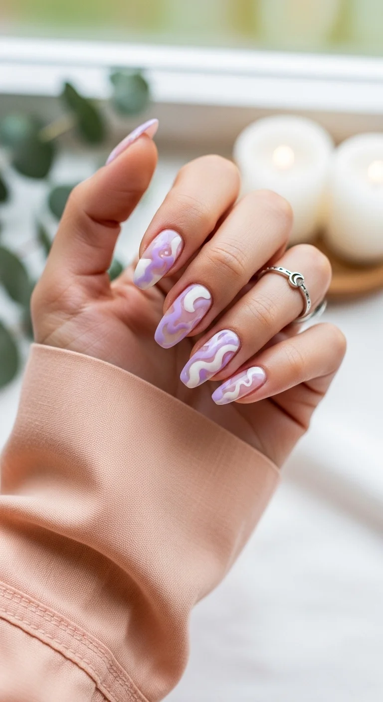 Lavender and white abstract swirl nails