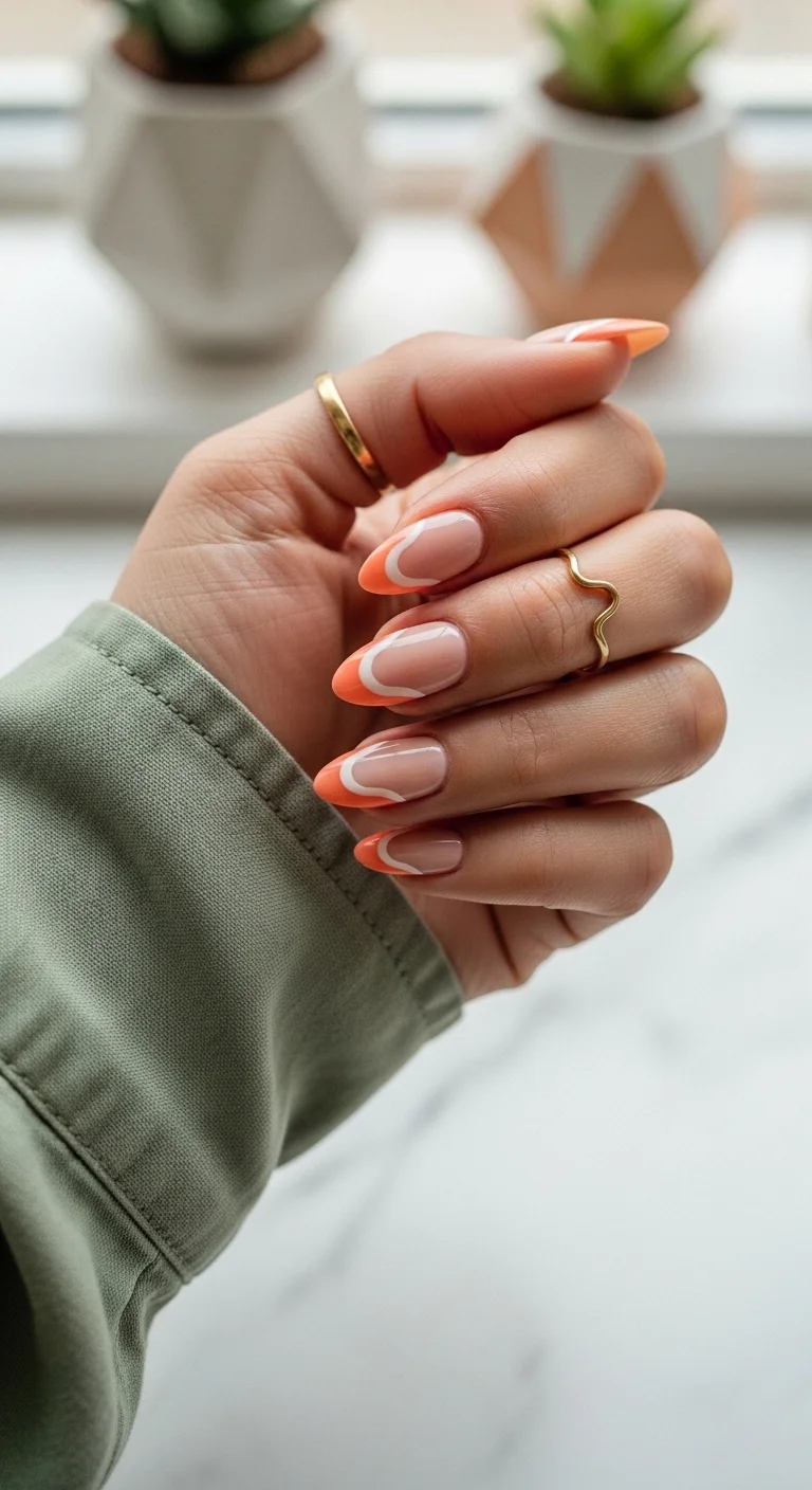 Orange and white double French wavy nails