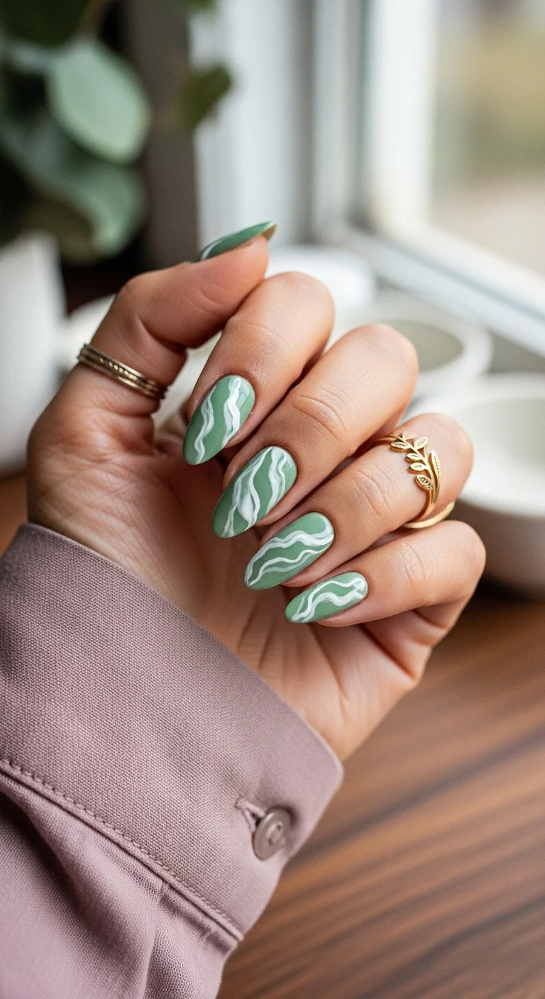 Sage green and white marbled almond nails