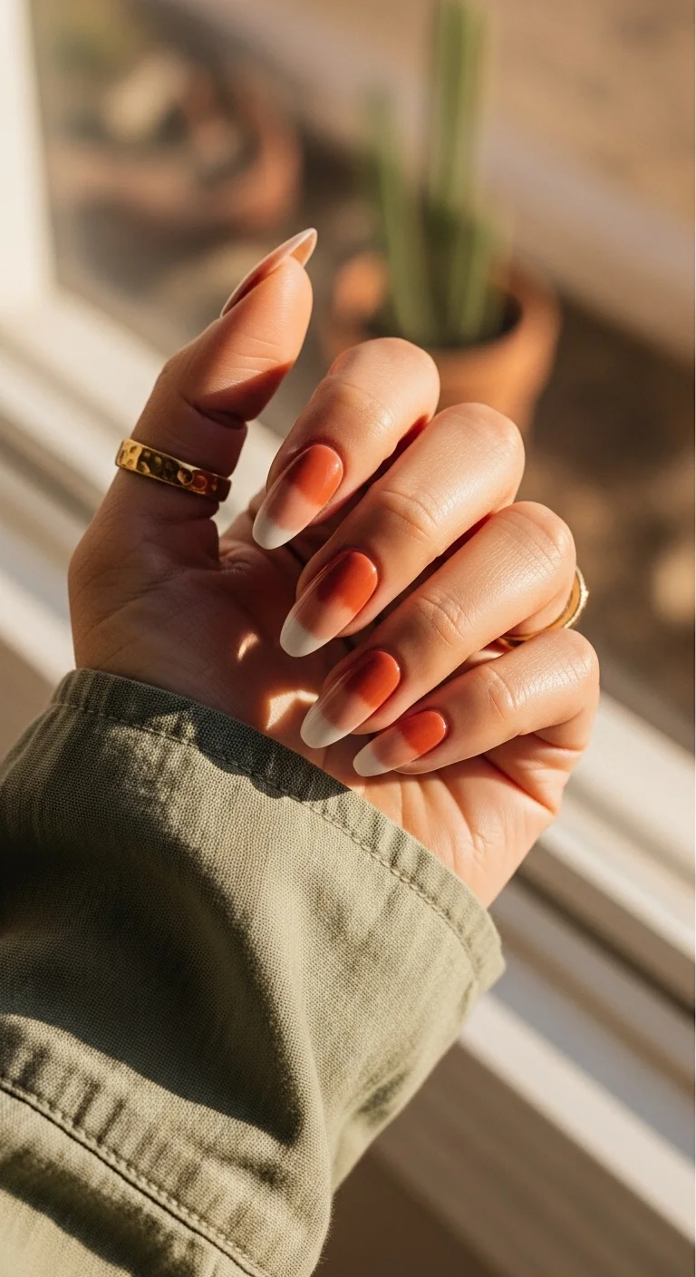 Terracotta and white ombre almond nails