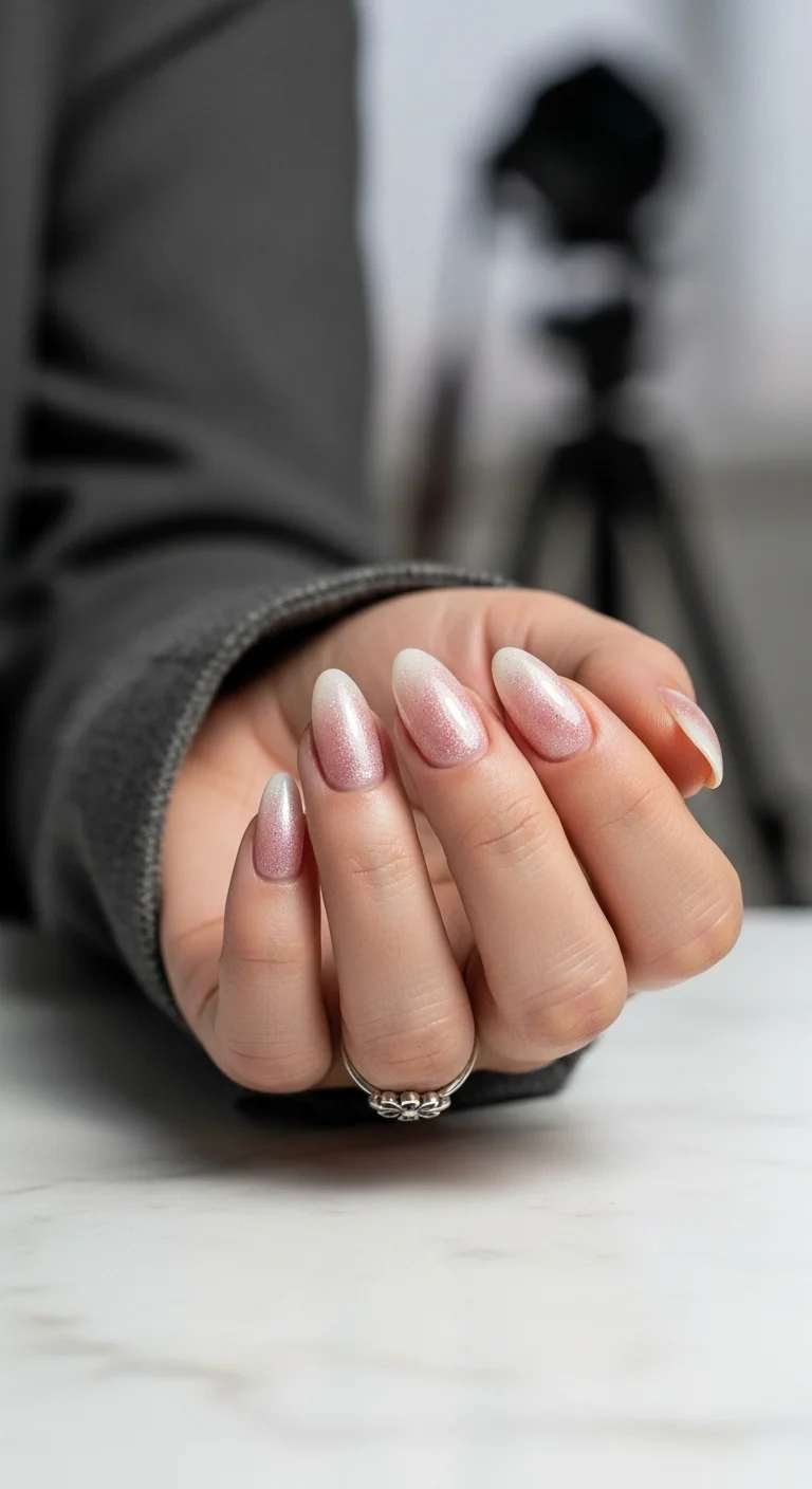 Shimmering pink and white ombre almond nails