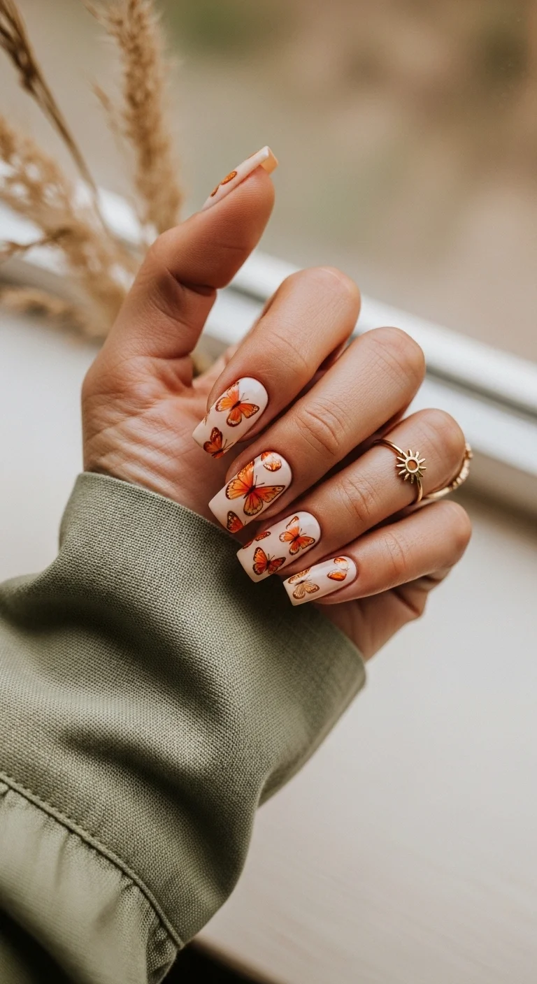 Short square nails with creamy beige base and orange monarch butterfly stickers.