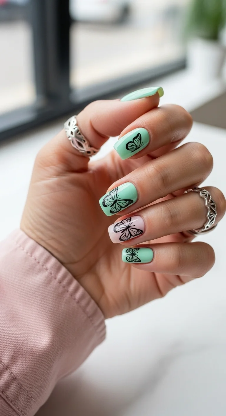 Square nails with mint green and pale pink blocks and black butterfly art.